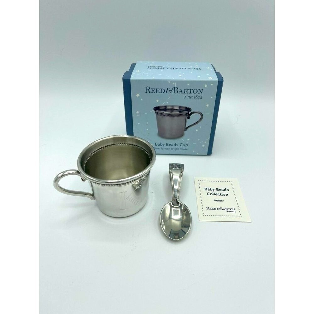 Reed & Barton Baby Beads Bright Pewter Cup & Spoon Engraved “K” New In Box P811
